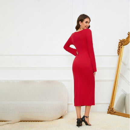 Women's Elegant Bodycon Midi Dress V Neck Long Sleeve Cut Out Cocktail Party Dresses