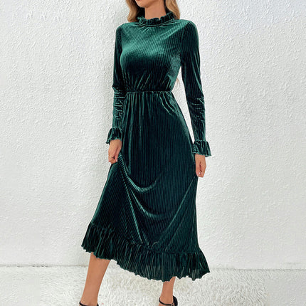 Women's Velvet Maxi Dresses Crew Neck Long Sleeve Ruffle Swing Cocktail Party Dress