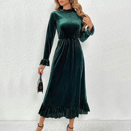 Women's Velvet Maxi Dresses Crew Neck Long Sleeve Ruffle Swing Cocktail Party Dress