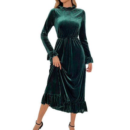 Women's Velvet Maxi Dresses Crew Neck Long Sleeve Ruffle Swing Cocktail Party Dress