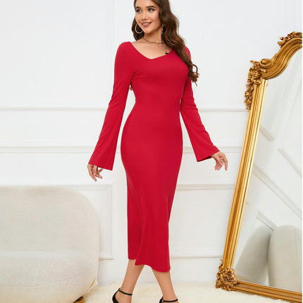 Women's Elegant Bodycon Midi Dress V Neck Long Sleeve Cut Out Cocktail Party Dresses