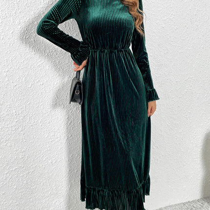 Women's Velvet Maxi Dresses Crew Neck Long Sleeve Ruffle Swing Cocktail Party Dress