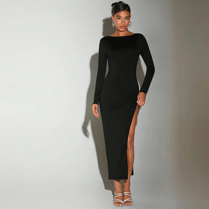 Womens Sexy Crew Neck Long Sleeve Backless Long Dress Fall Casual Split Bodycon Maxi Dresses