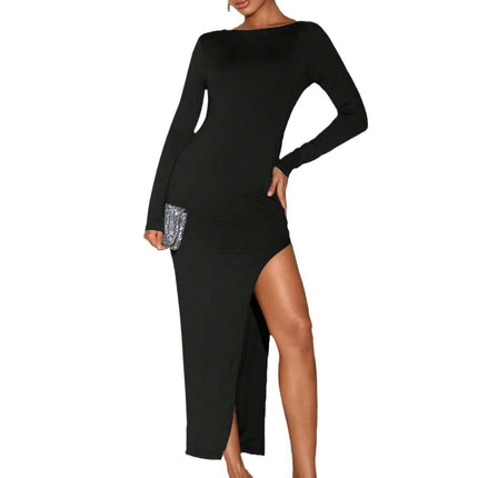 Womens Sexy Crew Neck Long Sleeve Backless Long Dress Fall Casual Split Bodycon Maxi Dresses