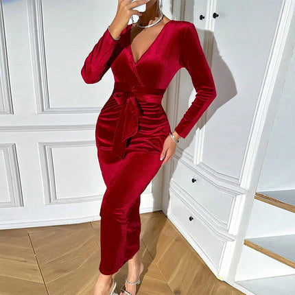 Womens Velvet Maxi Dress Elegant Long Sleeve V Neck Tie Waist Bodycon Cocktail Party Dress