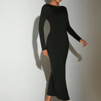 Womens Sexy Crew Neck Long Sleeve Backless Long Dress Fall Casual Split Bodycon Maxi Dresses