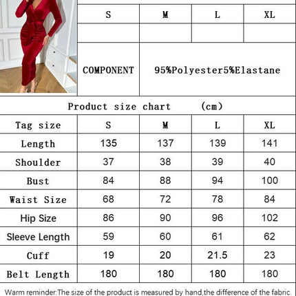 Womens Velvet Maxi Dress Elegant Long Sleeve V Neck Tie Waist Bodycon Cocktail Party Dress