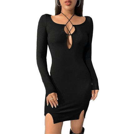 Women's Sexy Cutout Tie Scoop Neck Long Sleeve Bodycon Split Mini Dress