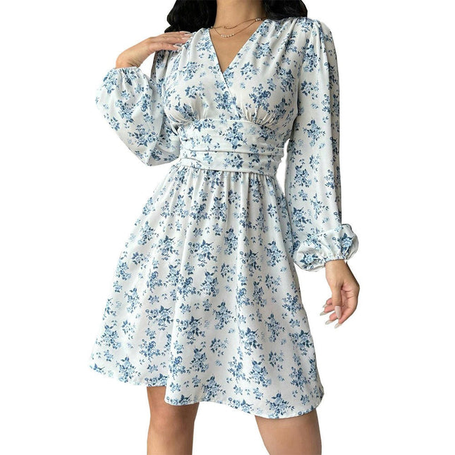 Womens Floral Mini Dresses Boho V Neck Long Sleeve High Waist A Line Flowy Short Dress