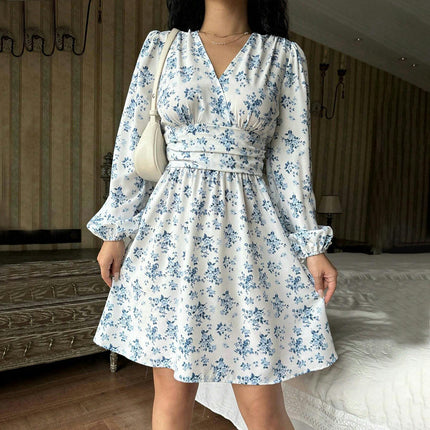 Womens Floral Mini Dresses Boho V Neck Long Sleeve High Waist A Line Flowy Short Dress