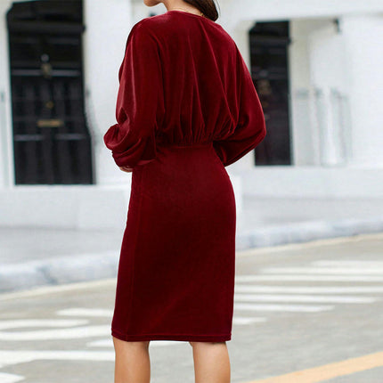 Women Long Sleeve Velvet Dress Crew Neck Short Ruched Bodycon Cocktail Party Mini Dresses