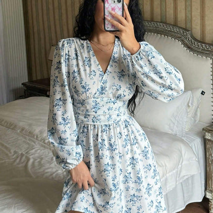 Womens Floral Mini Dresses Boho V Neck Long Sleeve High Waist A Line Flowy Short Dress