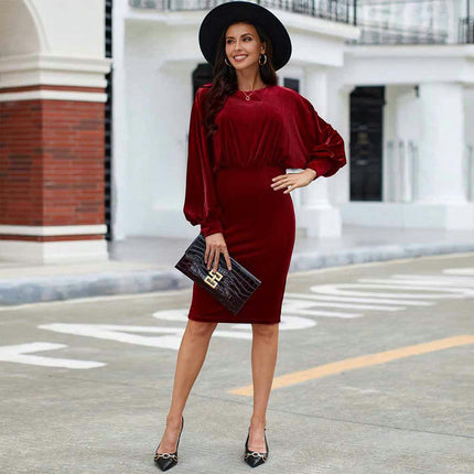 Women Long Sleeve Velvet Dress Crew Neck Short Ruched Bodycon Cocktail Party Mini Dresses