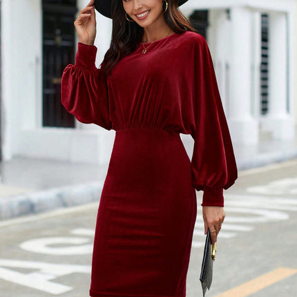 Women Long Sleeve Velvet Dress Crew Neck Short Ruched Bodycon Cocktail Party Mini Dresses