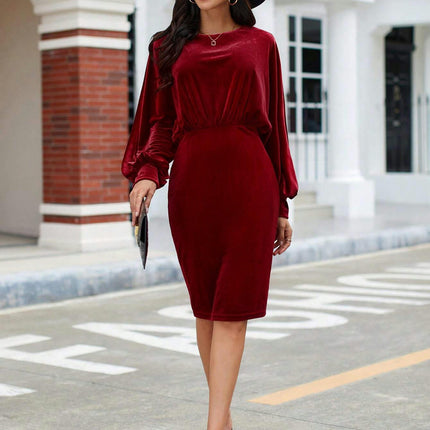 Women Long Sleeve Velvet Dress Crew Neck Short Ruched Bodycon Cocktail Party Mini Dresses