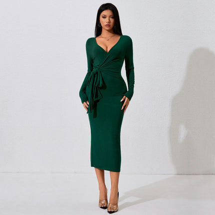 Women's Bodycon Midi Dresses Deep V Neck Tie Waist Fitted Casual Long Sleeve Dress