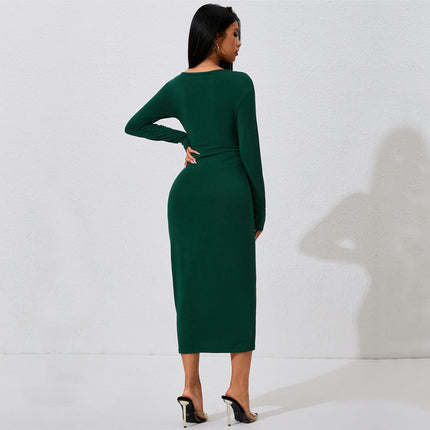 Women's Bodycon Midi Dresses Deep V Neck Tie Waist Fitted Casual Long Sleeve Dress