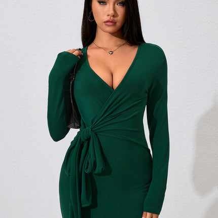 Women's Bodycon Midi Dresses Deep V Neck Tie Waist Fitted Casual Long Sleeve Dress