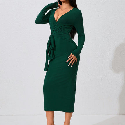 Women's Bodycon Midi Dresses Deep V Neck Tie Waist Fitted Casual Long Sleeve Dress