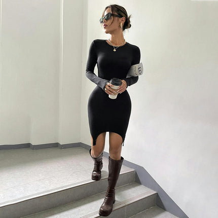 Womens Sexy Crew Neck Long Sleeve Mini Dress Casual Bodycon Short Dress