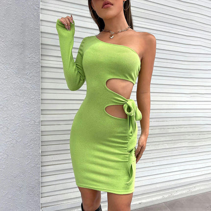 Women's Sexy One Shoulder Short Dress Long Sleeve Cut Out Bodycon Mini Dresses