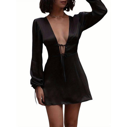 Women's Long Sleeve Tie-up Front Short Dress Deep V-Neck A-line Sexy Mini Dress