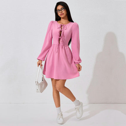 Women's Puff Long Sleeve Short Dress Solid Color Tie-up Crew Neck A-line Flowy Mini Dress