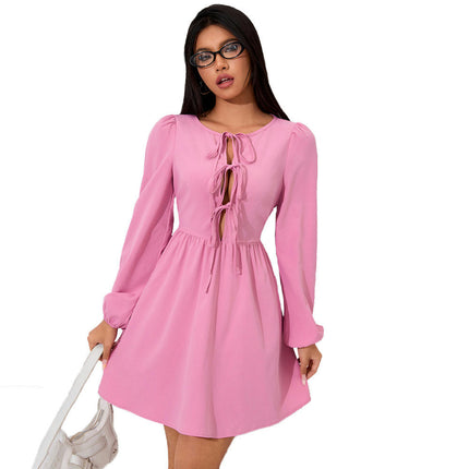 Women's Puff Long Sleeve Short Dress Solid Color Tie-up Crew Neck A-line Flowy Mini Dress