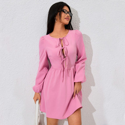 Women's Puff Long Sleeve Short Dress Solid Color Tie-up Crew Neck A-line Flowy Mini Dress