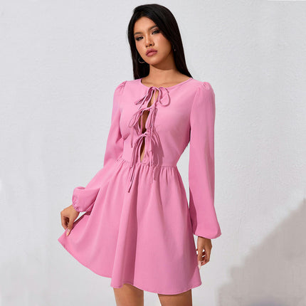 Women's Puff Long Sleeve Short Dress Solid Color Tie-up Crew Neck A-line Flowy Mini Dress