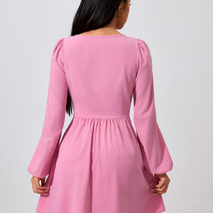 Women's Puff Long Sleeve Short Dress Solid Color Tie-up Crew Neck A-line Flowy Mini Dress