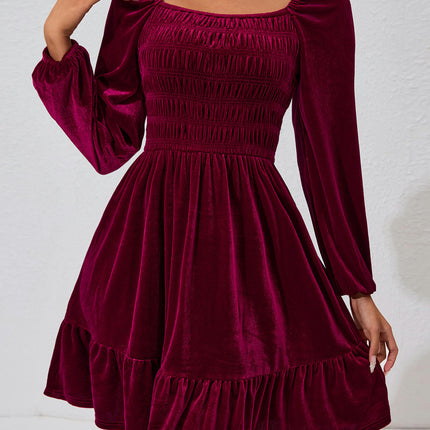 Womens Square Neck Long Sleeve Velvet A Line Ruffled Swing Cocktail Party Mini Dress