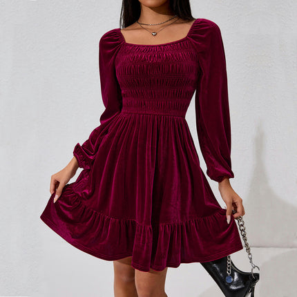 Womens Square Neck Long Sleeve Velvet A Line Ruffled Swing Cocktail Party Mini Dress