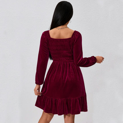 Womens Square Neck Long Sleeve Velvet A Line Ruffled Swing Cocktail Party Mini Dress