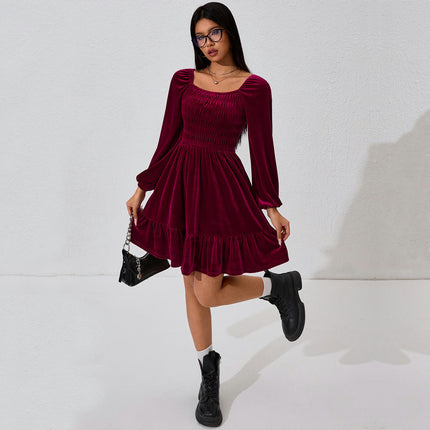 Womens Square Neck Long Sleeve Velvet A Line Ruffled Swing Cocktail Party Mini Dress