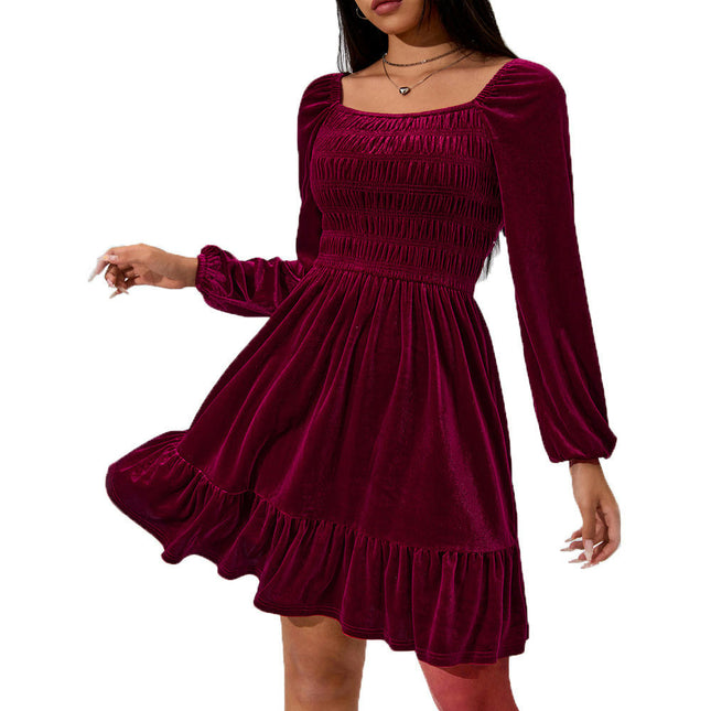 Womens Square Neck Long Sleeve Velvet A Line Ruffled Swing Cocktail Party Mini Dress