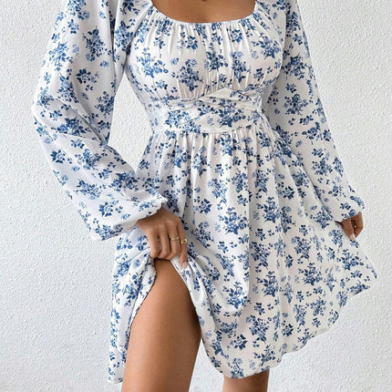 Women's Puff Long Sleeve Floral Mini Dress Tie Back Square Neck A-Line Short Sundress