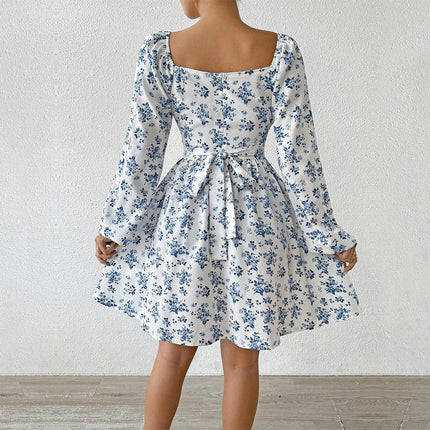 Women's Puff Long Sleeve Floral Mini Dress Tie Back Square Neck A-Line Short Sundress