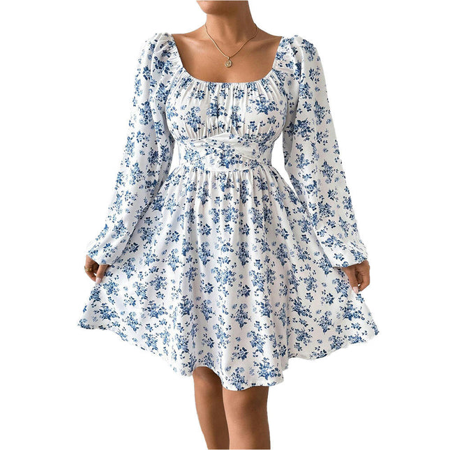 Women's Puff Long Sleeve Floral Mini Dress Tie Back Square Neck A-Line Short Sundress