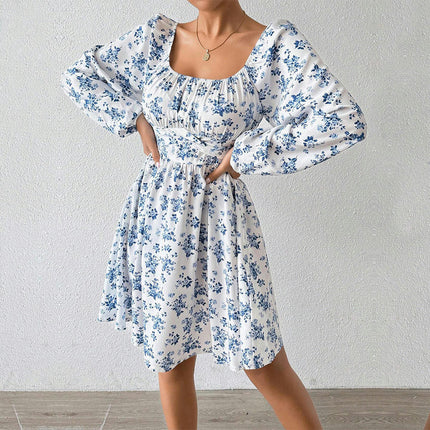 Women's Puff Long Sleeve Floral Mini Dress Tie Back Square Neck A-Line Short Sundress