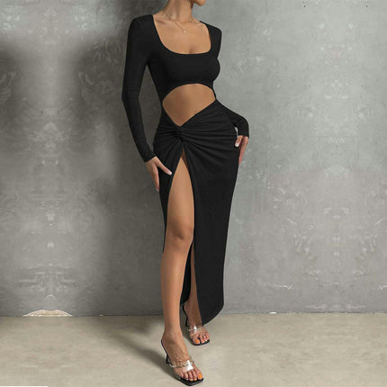 Women's Sexy Long Sleeve Cutout High Slit Maxi Long Dress Square Neck Twist Knot Party Dresses