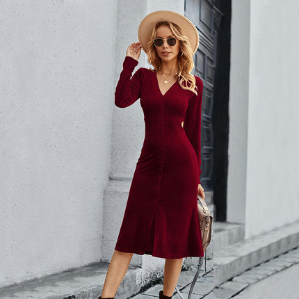 Women's V Neck Long Sleeve Dress Velvet Button Down Backless Bodycon Midi Dresses