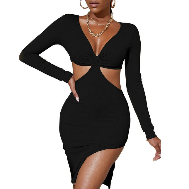 Women Sexy Long Sleeve Deep V Neck Cutout Ruched Bodycon Split Midi Party Dress