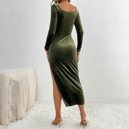 Women Sexy Velvet Scoop Neck Long Sleeve Ruched Split Bodycon Party Midi Dress