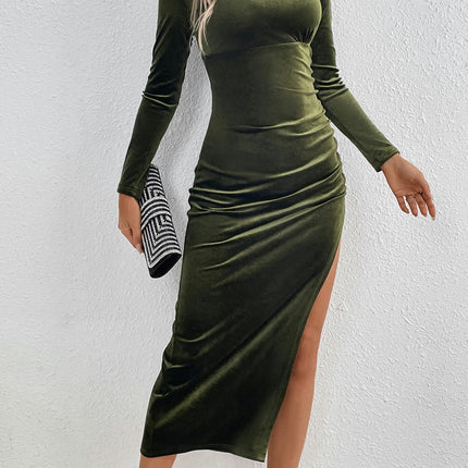 Women Sexy Velvet Scoop Neck Long Sleeve Ruched Split Bodycon Party Midi Dress