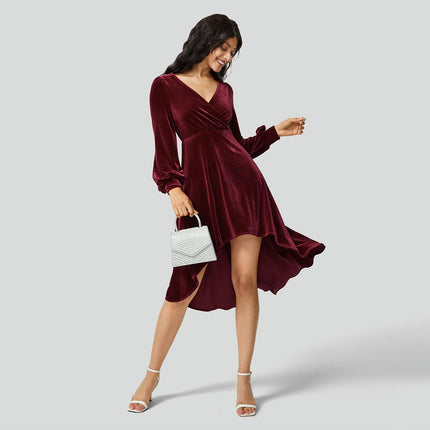 Women's Velvet Long Sleeve V Neck Midi Dress A Line Flowy Wedding Guest Dresses