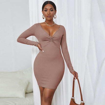 Women's Deep V Neck Twist Front Short Dress Long Sleeve Bodycon Mini Dress