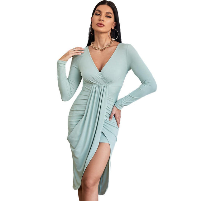 Women's Long Sleeve Bodycon Midi Dress Casual V Neck Ruched Split Cocktail Party Dress