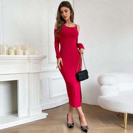 Women's Cold Shoulde Scoop Neck Dresses Long Sleeve Slit Bodycon Midi Dress