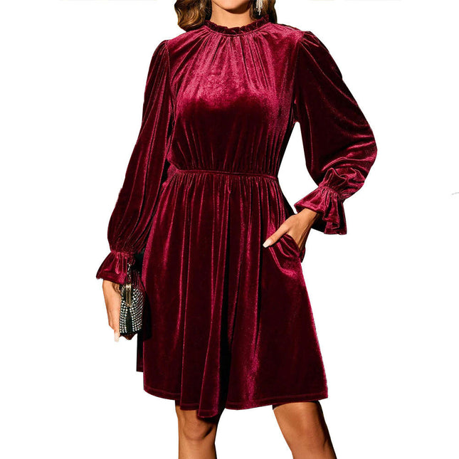 Womens Long Sleeve Velvet Mini Dresses Mock Neck A Line Swing Cocktail Party Dress